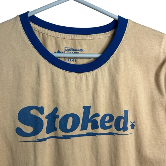Dutch Bros Coffee Ringer Tee “STOKED” XS+MEDIUM+LARGE+XL Cream with Blue DB ‘92 - Picture 5 of 9